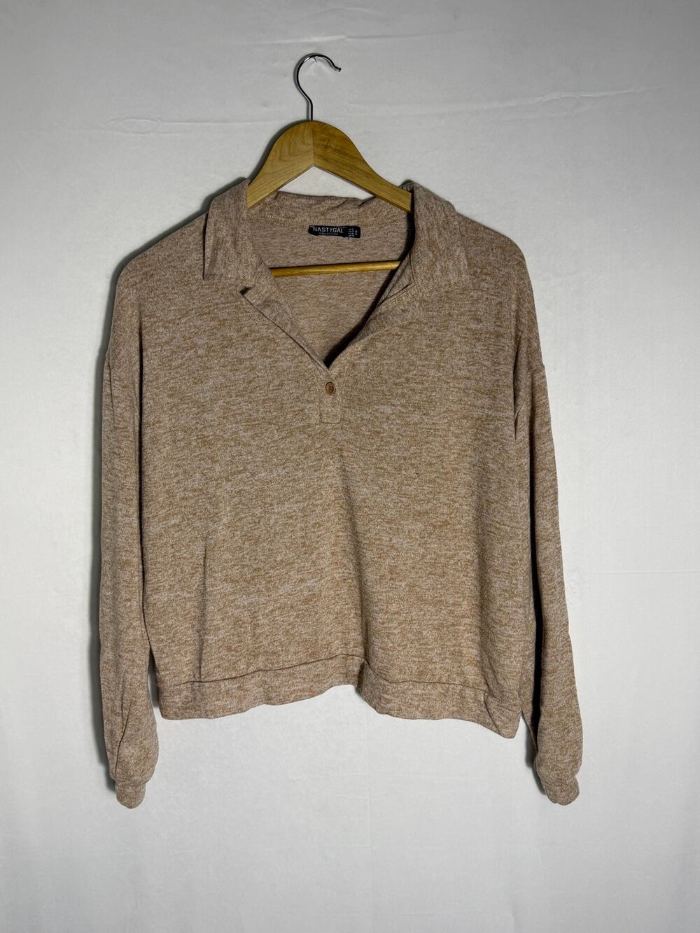 Nasty Gal Taupe Knit Henley Pullover Top Long Sleeve Button Neck Lightweight